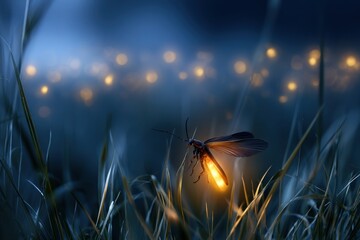 Obraz premium A glowing firefly illuminating the dark blue night sky surrounded by tall grass and bokeh lights creating a magical serene atmosphere