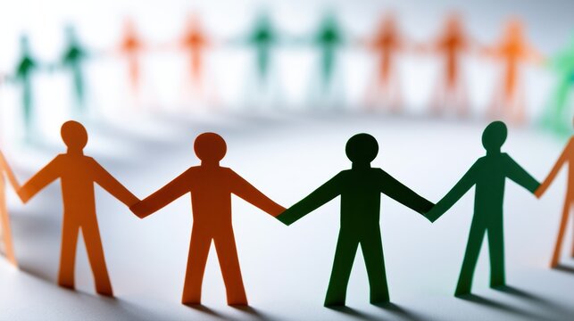 Paper cut-out figures in orange and green holding hands in a circular formation symbolizing unity and teamwork on a blurred white background