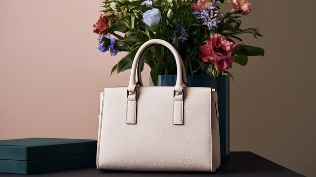 A cream colored textured handbag sits beside a vase of colorful flowers on a dark surface against a soft pink wall