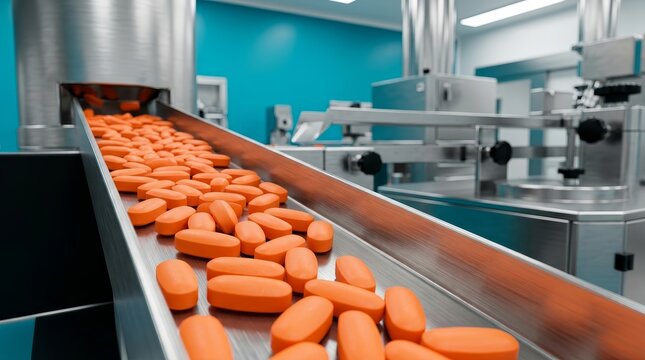 Close-up of orange medicine tablets during the pharmaceutical industry manufacture process.
