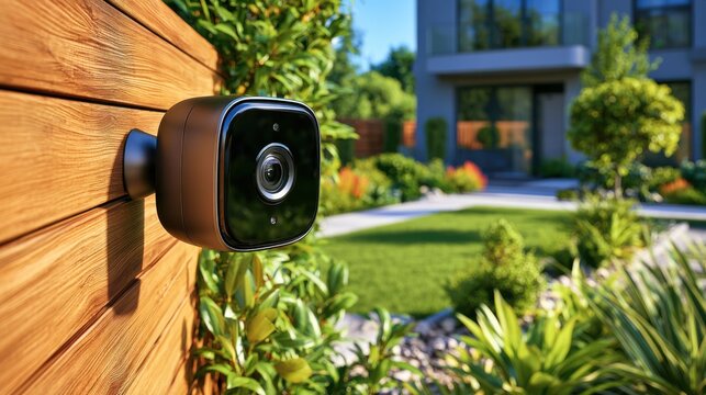 A sleek outdoor security camera mounted on a wooden fence in a landscaped garden, ideal for smart home and security concepts.