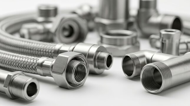 A collection of stainless steel flexible pipes and plumbing fixtures in a macro view.