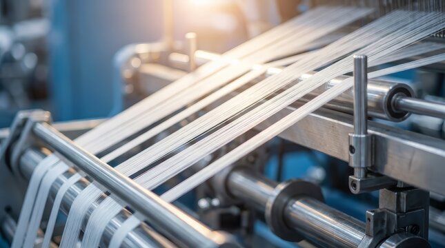 Close-up of synthetic textile thread at an industrial weaving manufacturing factory.