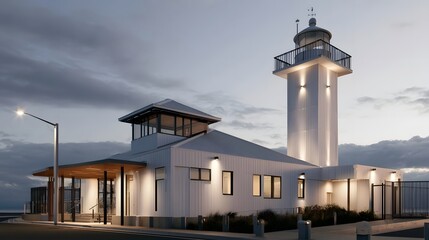 Obraz premium Modern lighthouse structure with illuminated tower and attached building under twilight sky