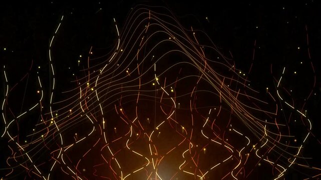 Abstract digital grid with glowing particle wave moving in dark space creating dynamic energy line patterns for futuristic background.