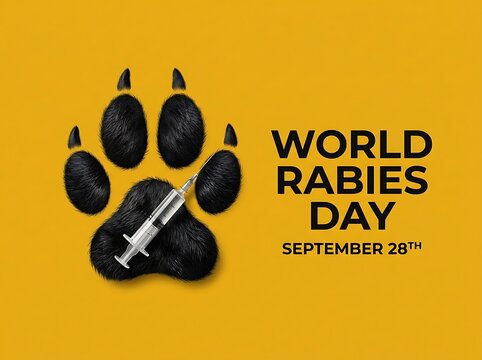 World rabies day awareness poster with paw print and syringe illustration for september twentyeighth event