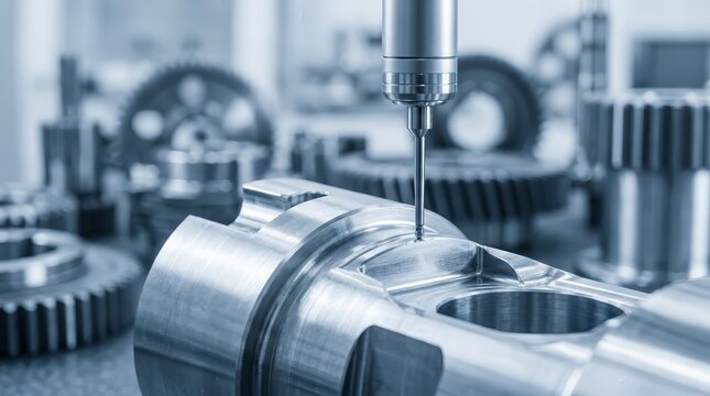 Industrial quality control process of a precision metal part with a CNC measuring probe.