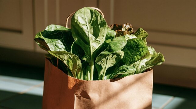 Brown paper bag filled with fresh green leafy vegetables. the bag appears to be made of brown paper and has a handle on top for easy carrying. the leaves are large and have a glossy texture.