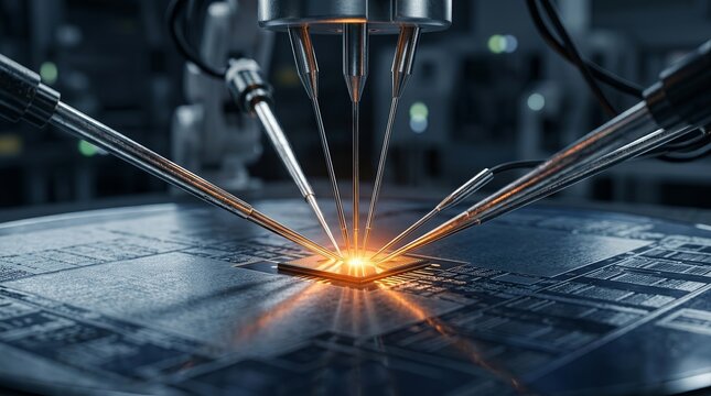 Close-up of an automated robot arm interacting with silicon wafers and microcircuits.