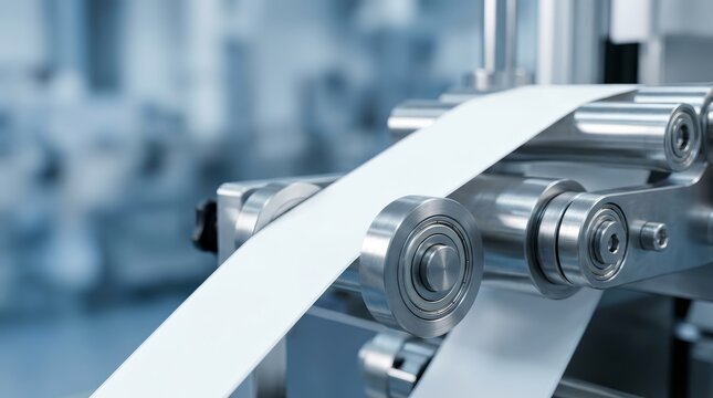 Automatic labeling machine component showing conveyor rollers and white material.
