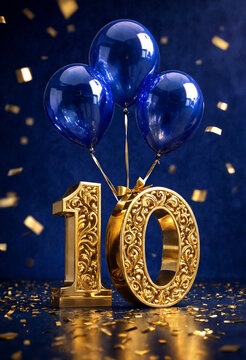 Celebratory golden number ten with blue balloons and confetti for special anniversary or milestone event