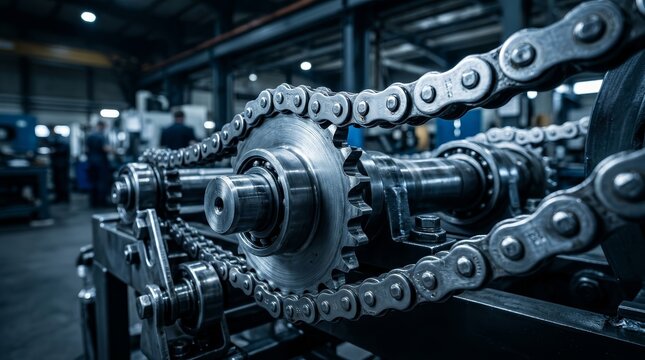 Close up of an industrial roller chain and heavy machinery components.