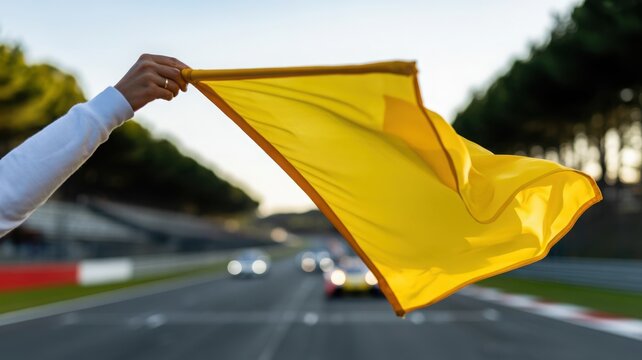 Hand holding yellow flag at race track.