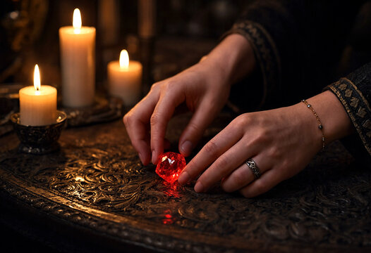 Closeup of hands holding a glowing red crystal with candles burning in the background on ornate table