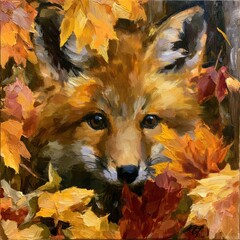 Fototapeta premium A fox peers through bright autumn leaves in a woodland. The scene captures the rich colors of fall.