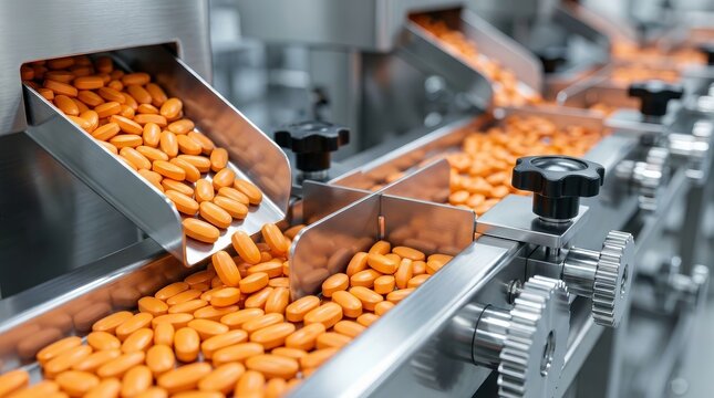 Close-up of orange medicine tablets moving through a pharmaceutical industry production line.