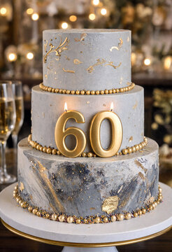 Elegant threetiered sixtieth birthday cake with gold accents and number candles beautifully decorated