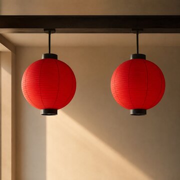 Two red lanterns suspended from a broad ceiling rail