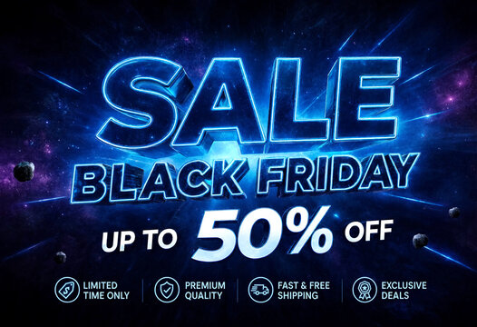 Futuristic black friday sale banner with glowing blue text and space background advertising discounts