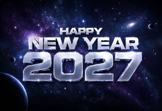 Futuristic happy new year 2027 greeting with metallic text and cosmic space galaxy background