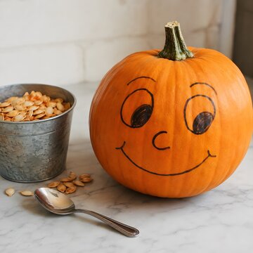 Marker-drawn pumpkin face with carving tools