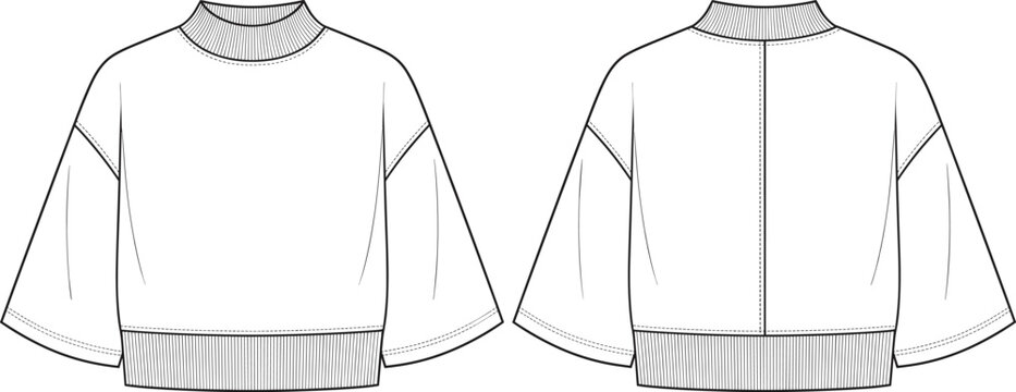 Boxy Sweater Wide Sleeve Ribbed Trim Technical Fashion Flat Sketch