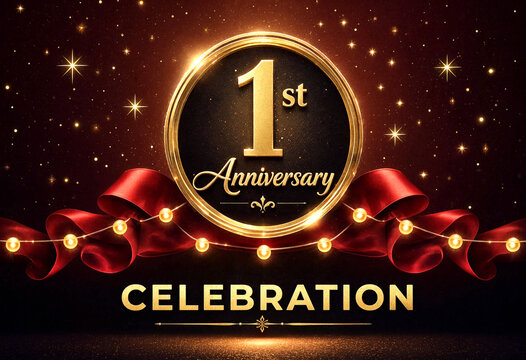 Glamorous golden first anniversary celebration design with red ribbons and sparkling lights background