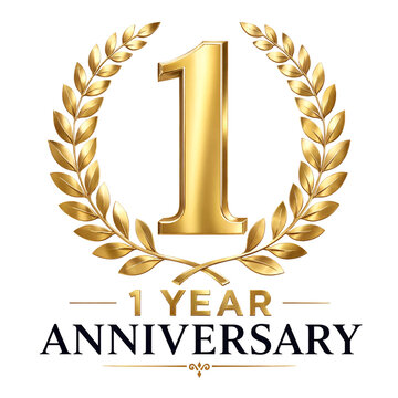 Golden one year anniversary emblem with laurel wreath and large number design isolated illustration