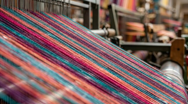 A colorful texture background of multicolored straight strands from garment factory loom equipment.