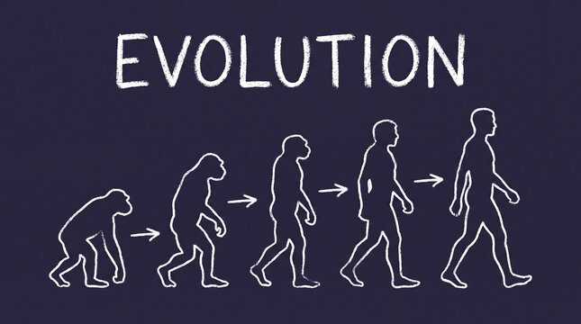 Theory of human evolution chart drawn in white chalk on a dark chalkboard background