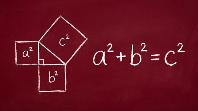 Pythagorean theorem formula and geometric diagram handwritten in white chalk on a burgundy chalkboard