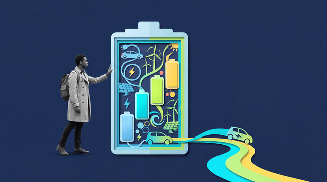Full-length portrait of a man touching a giant battery with integrated solar panels, wind turbines, electric cars, and energy icons, illustrating sustainable transportation and green power