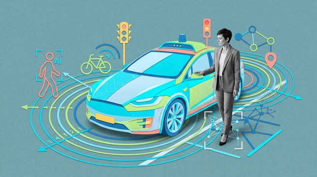 Full-length portrait of a woman interacting with a stylized self-driving car surrounded by concentric circles, data points, and traffic control icons, illustrating autonomous vehicle technology