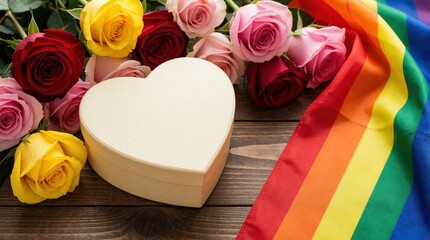 Obraz premium Heart shaped gift box sits on dark wooden table. Colorful roses, rainbow pride flag lie nearby. Romantic present with floral bouquet supports LGBT pride celebration wedding anniversary for queer