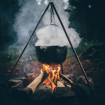 Black cast iron cauldron steaming over a roaring campfire in a dark forest with cauldron campfire outdoors