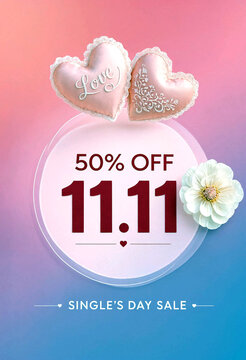 Valentines day single day sale advertisement with fifty percent discount and heart decorations