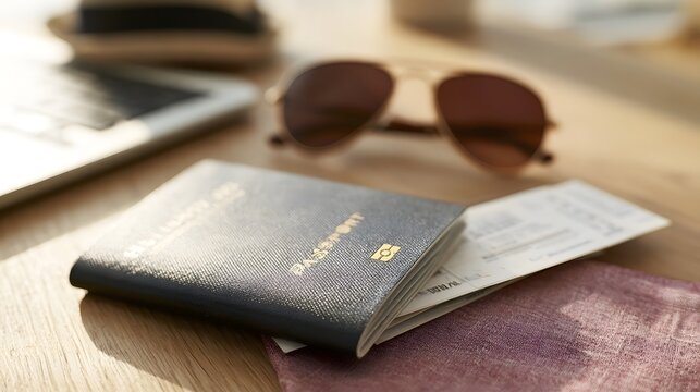 A passport and airline ticket rest on a wooden surface beside sunglasses and a tablet  suggesting travel prepa n