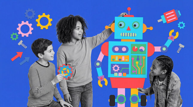 Group of diverse kids building a large robot during STEM learning activity
