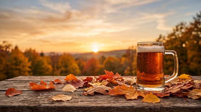 Oktoberfest beer mug on rustic wooden table with autumn leaves and sunset landscape background