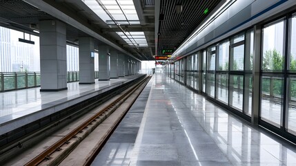 Obraz premium Modern elevated train station platform with glass barriers polished floors and visible tracks under diffused daylight