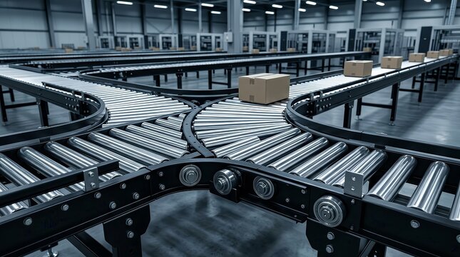 Automated production line featuring a metallic roller conveyor for efficient object transportation.