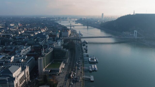 Aerial View of Danube River and Bridges in Budapest