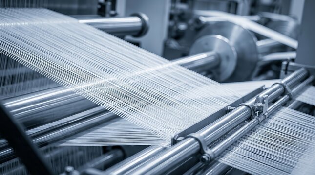 A heavy metal weaving machine producing fabric in a textile factory.