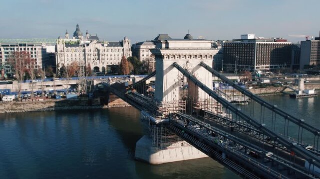 Aerial Drone View of Szechenyi Chain Bridge Budapest