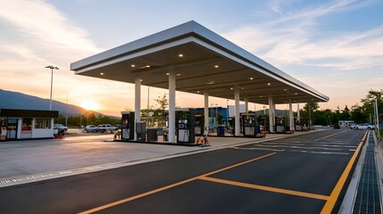 Obraz premium Modern gas station with wide canopy and empty fueling bays under soft golden sunset light with distant mountains