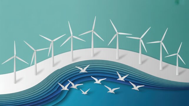 Paper cut style wind turbines on coast with birds and ocean background