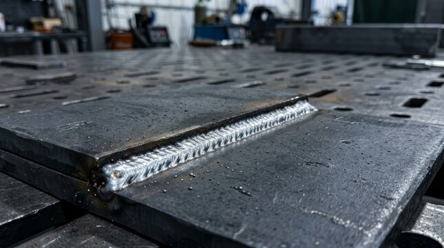 A detailed view of a finished metal weld seam on dark steel in a factory setting.
