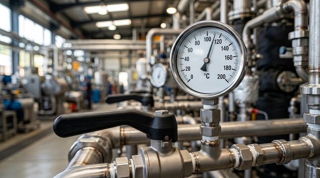 Close-up of an industrial machine with pressure gauges and metal pipes in a factory building.