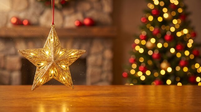 Golden star Christmas ornament hanging in front of blurred festive bac