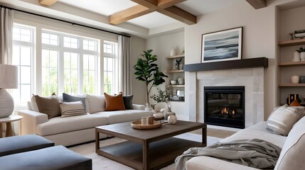 Obraz premium A modern living room with a fireplace large and neutral toned furniture under exposed wooden beams